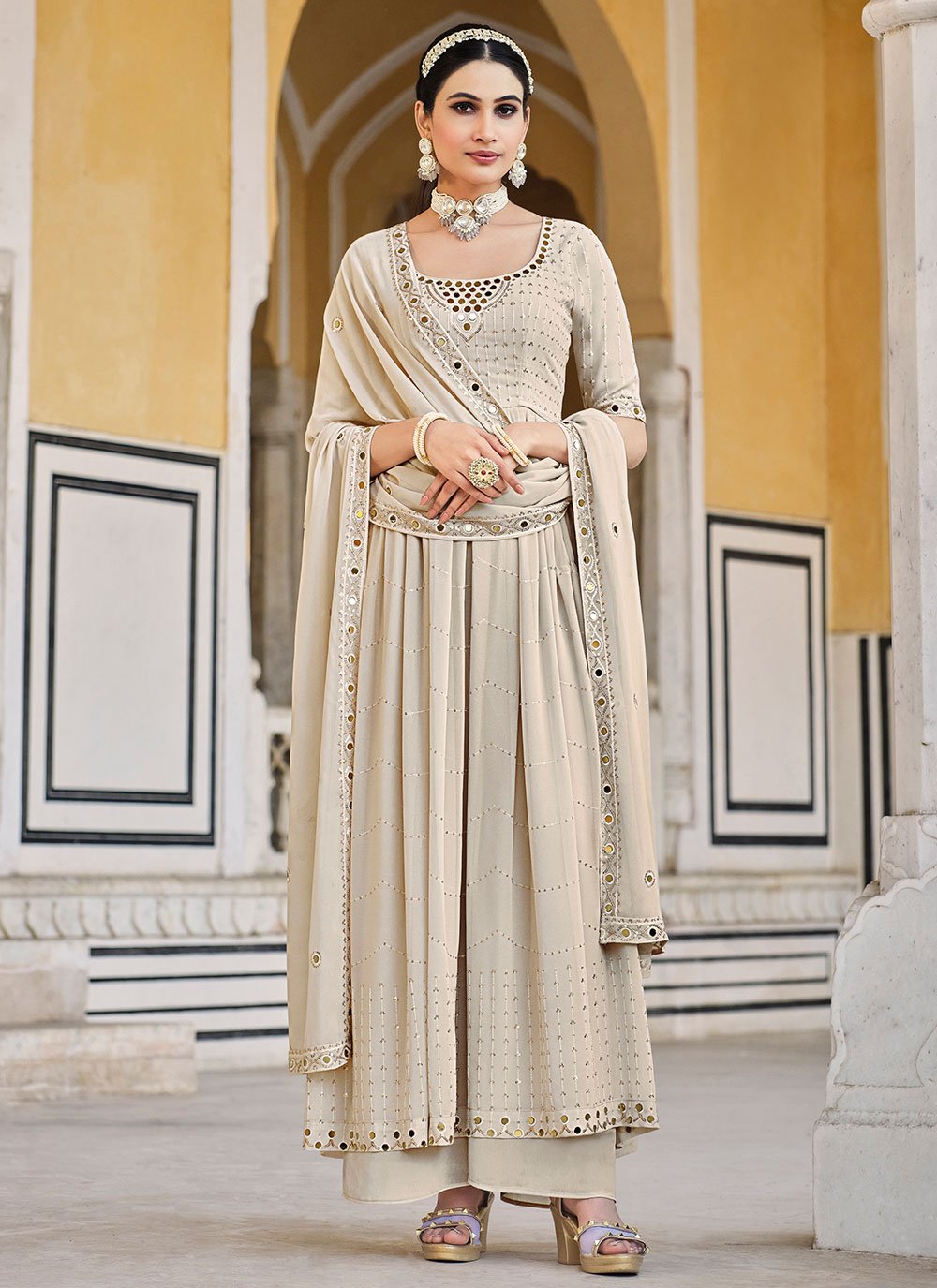 Palazzo Salwar Suit Georgette Cream Embroidered Salwar Kameez