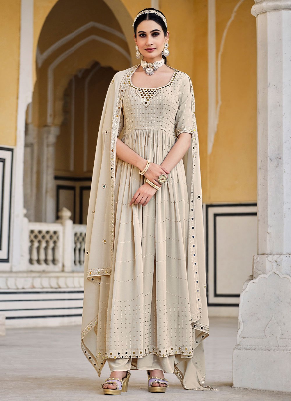 Palazzo Salwar Suit Georgette Cream Embroidered Salwar Kameez