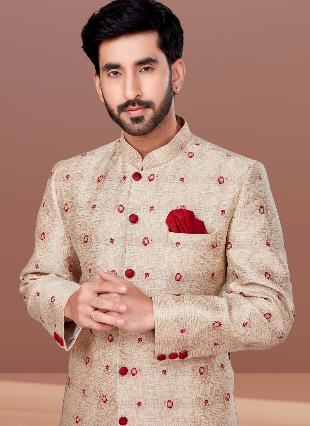 Indo Western Jacquard Cream Fancy Work Mens