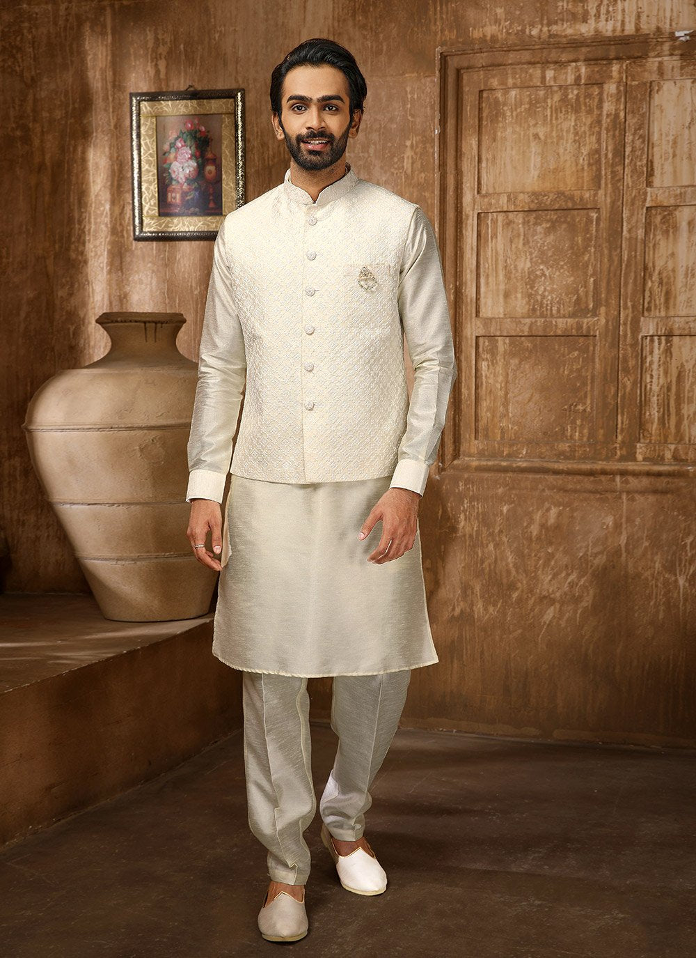 Kurta Payjama With Jacket Art Banarasi Silk Cream Embroidered Mens