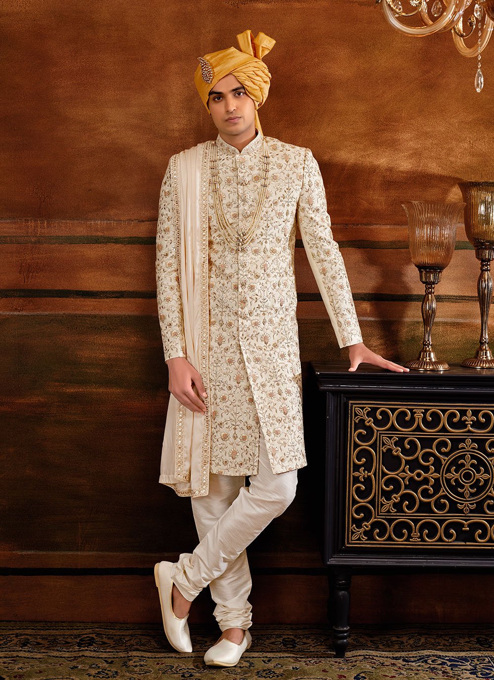 Sherwani Art Silk Cream Hand Work Mens