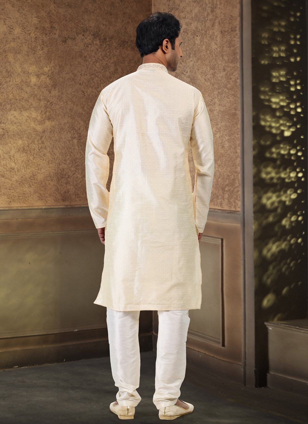 Kurta Pyjama Banarasi Silk Jacquard Cream Fancy Work Mens