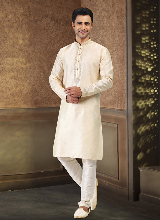 Kurta Pyjama Banarasi Silk Jacquard Cream Fancy Work Mens