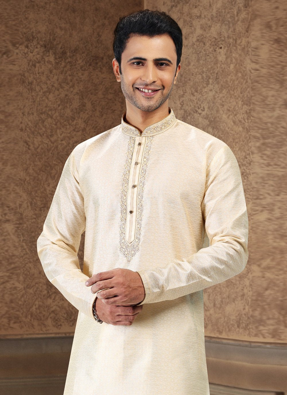 Kurta Pyjama Banarasi Silk Jacquard Cream Fancy Work Mens