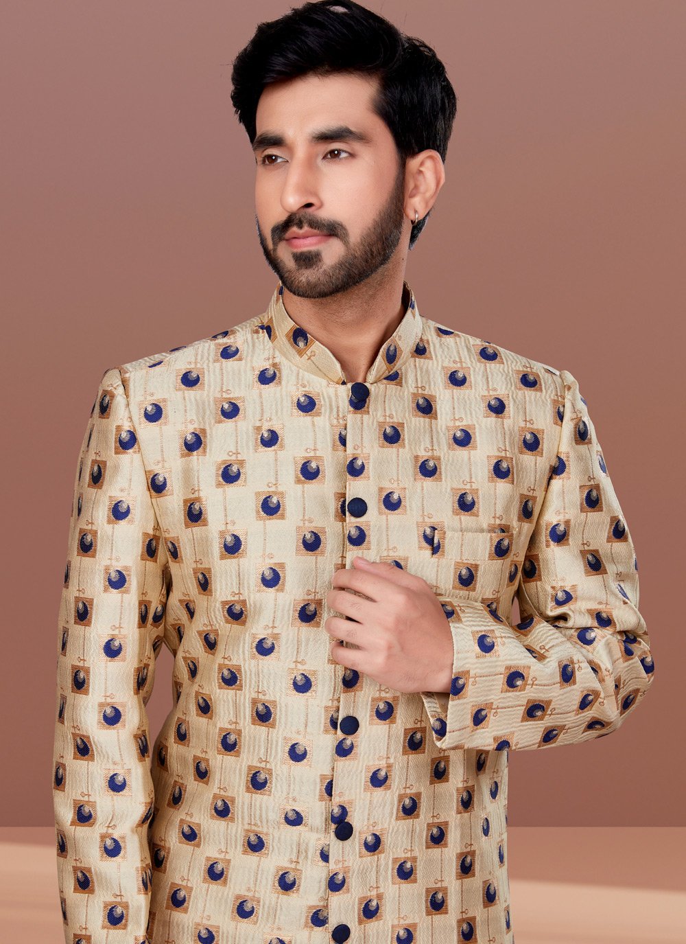 Indo Western Jacquard Cream Fancy Work Mens