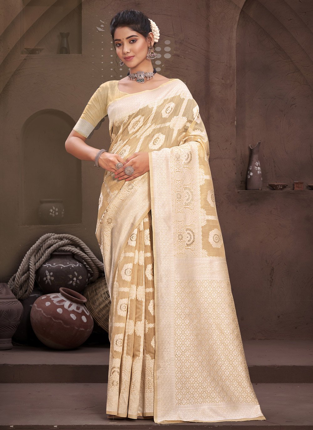 Trendy Saree Cotton Cream Fancy Work Saree