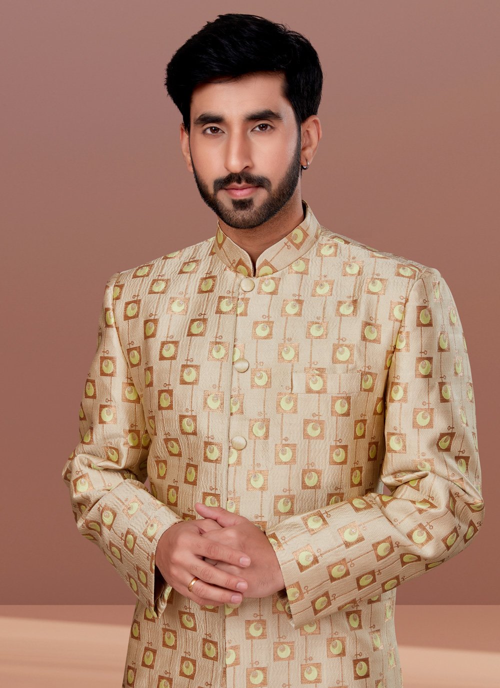 Indo Western Jacquard Cream Fancy Work Mens