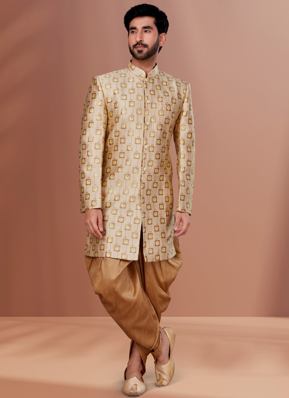 Indo Western Jacquard Cream Fancy Work Mens