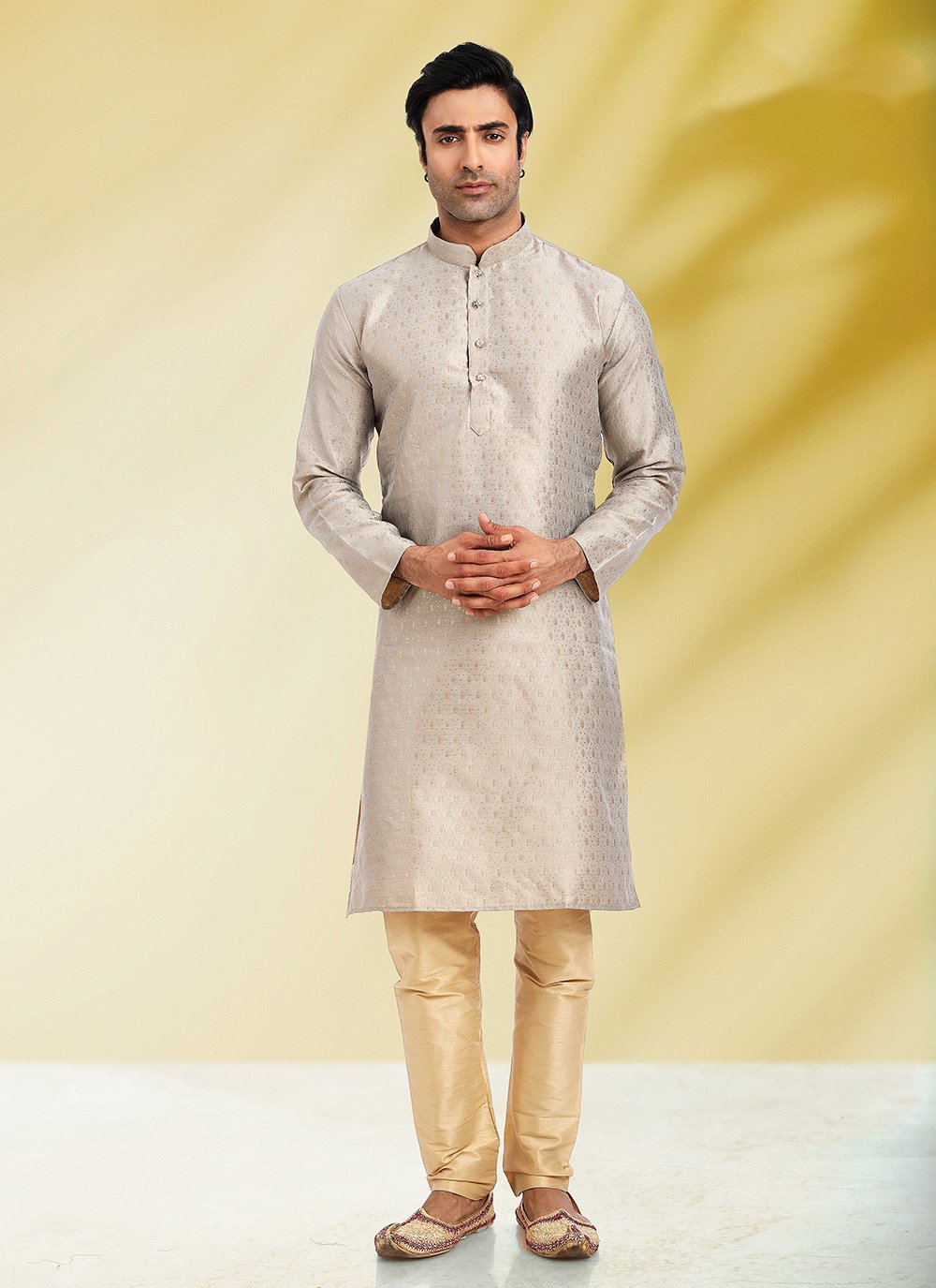 Kurta Pyjama Jacquard Cream Fancy Work Mens