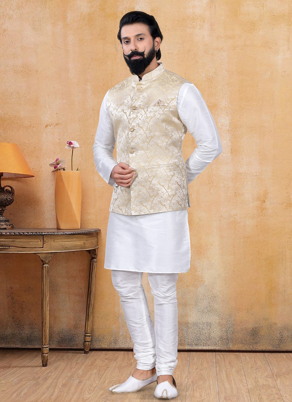 Nehru Jackets Jacquard Cream Fancy Work Mens