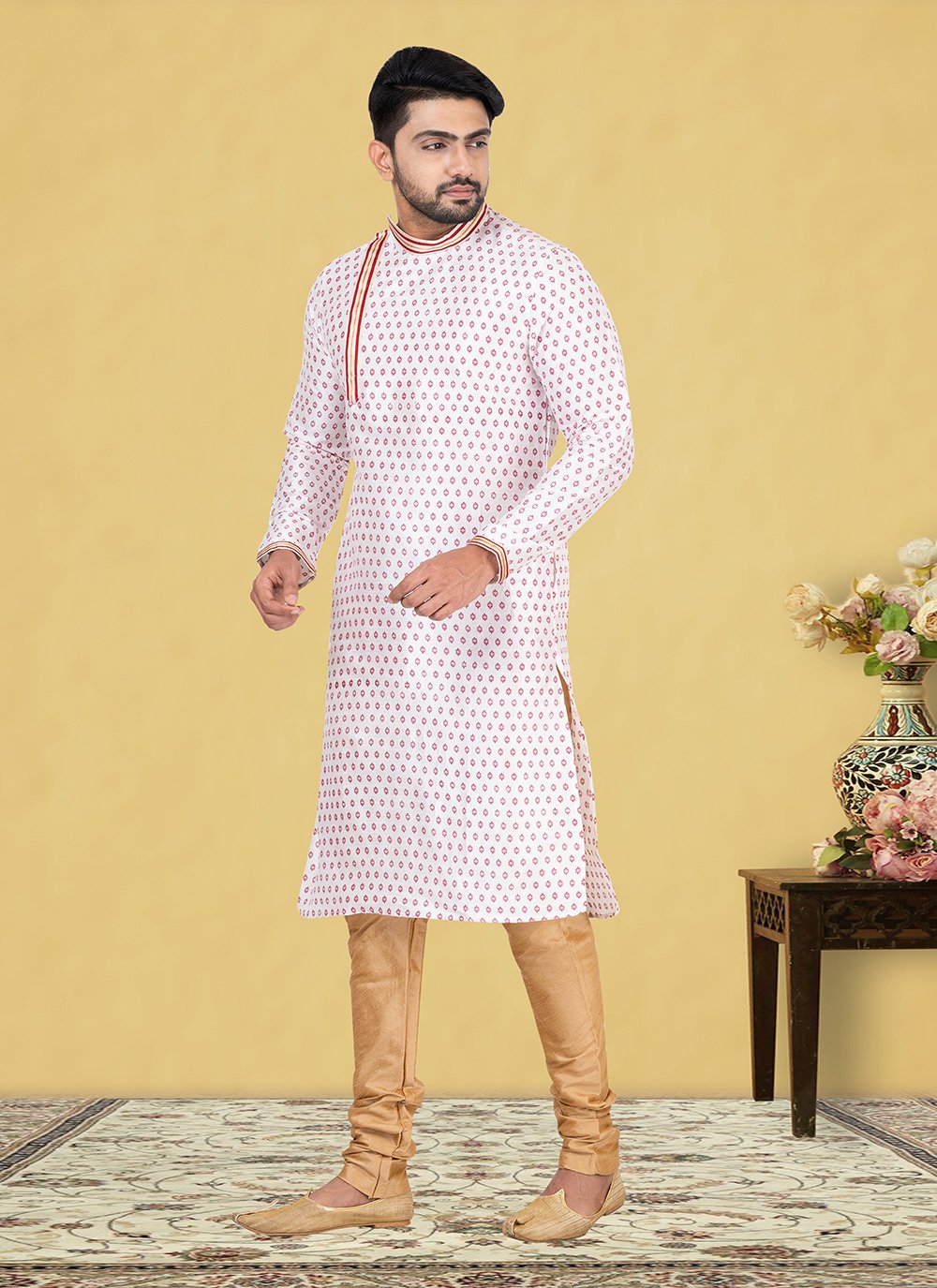 Kurta Pyjama Dupion Silk Cream Fancy Work Mens