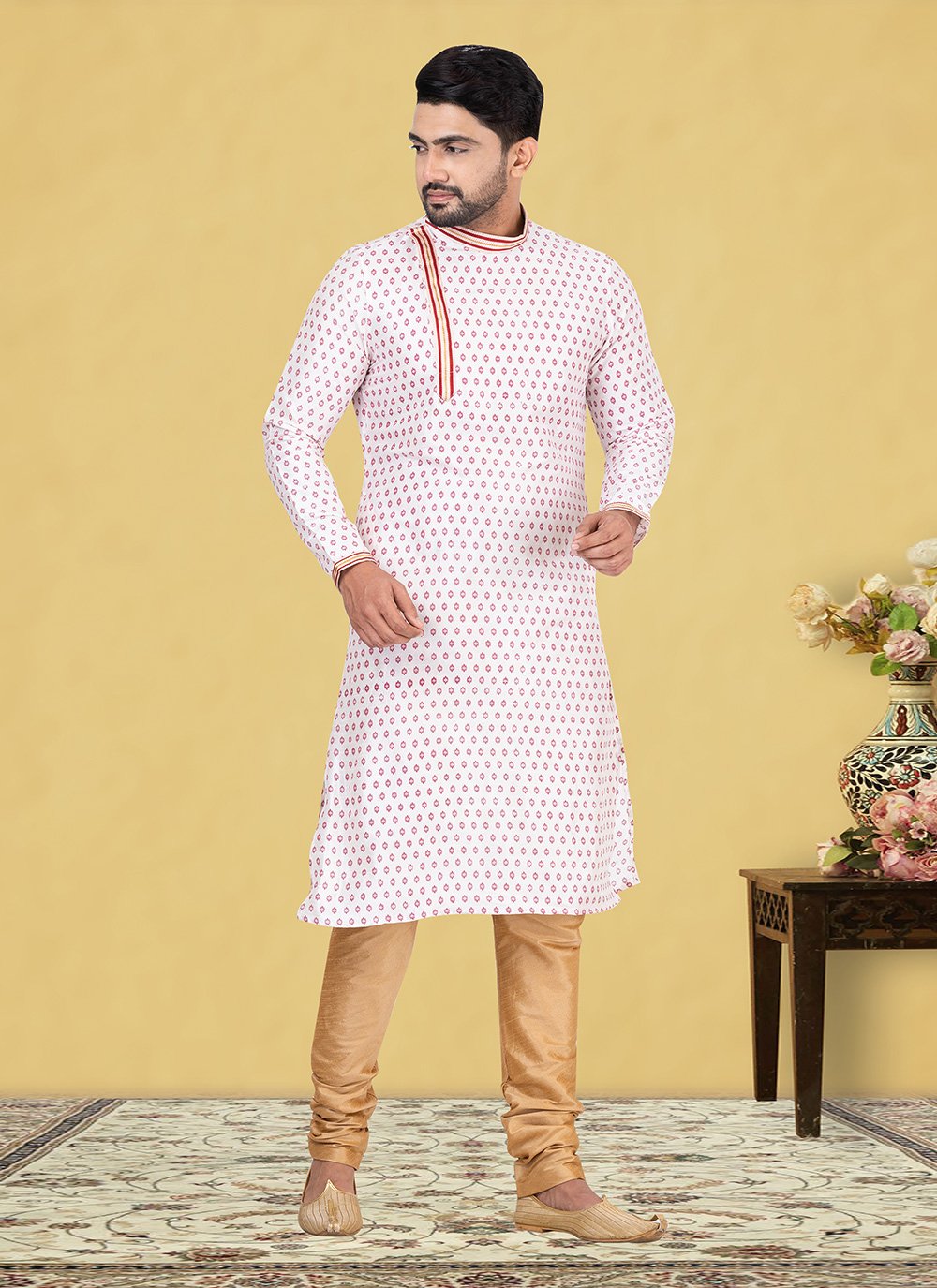 Kurta Pyjama Dupion Silk Cream Fancy Work Mens