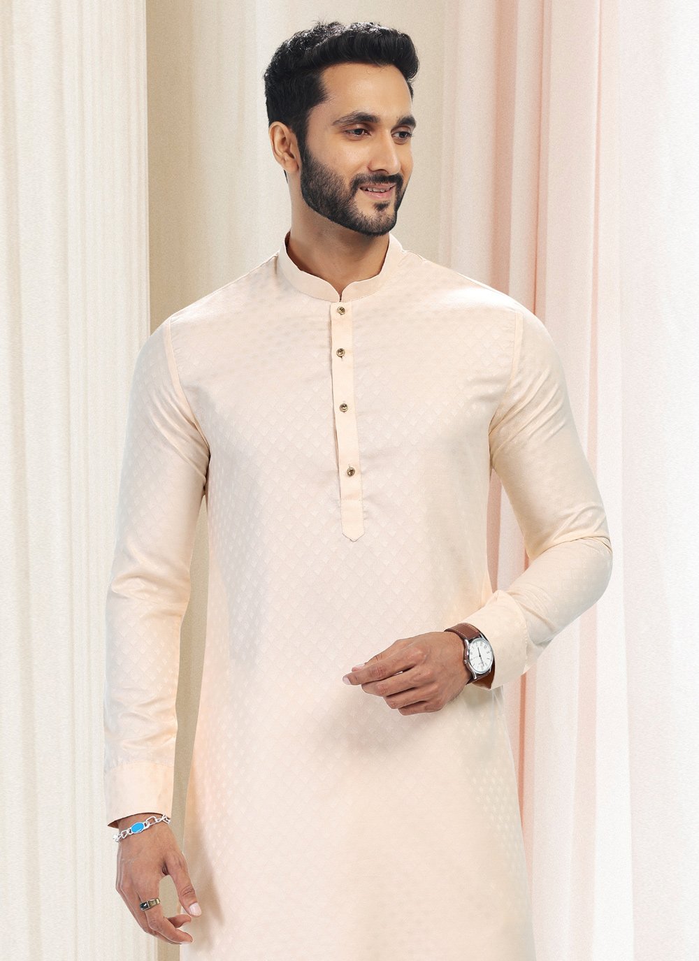 Kurta Pyjama Silk Cream Fancy Work Mens