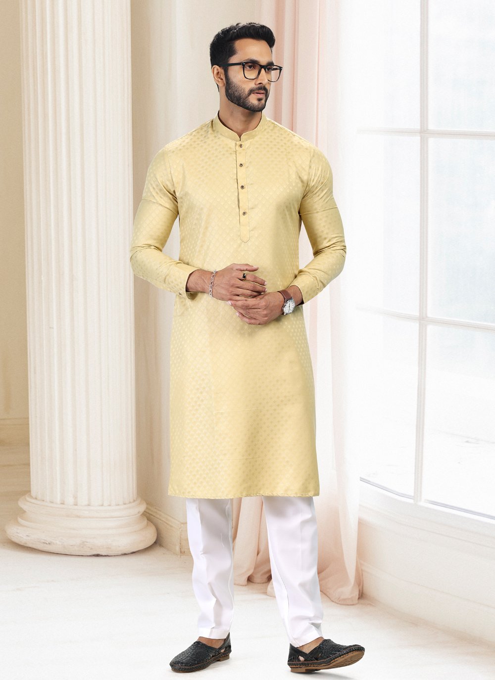 Kurta Pyjama Silk Cream Fancy Work Mens