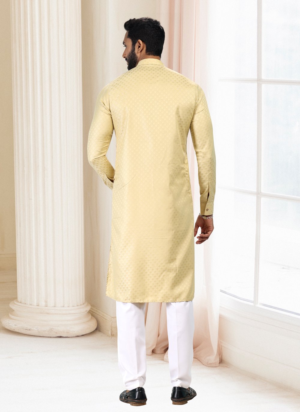 Kurta Pyjama Silk Cream Fancy Work Mens