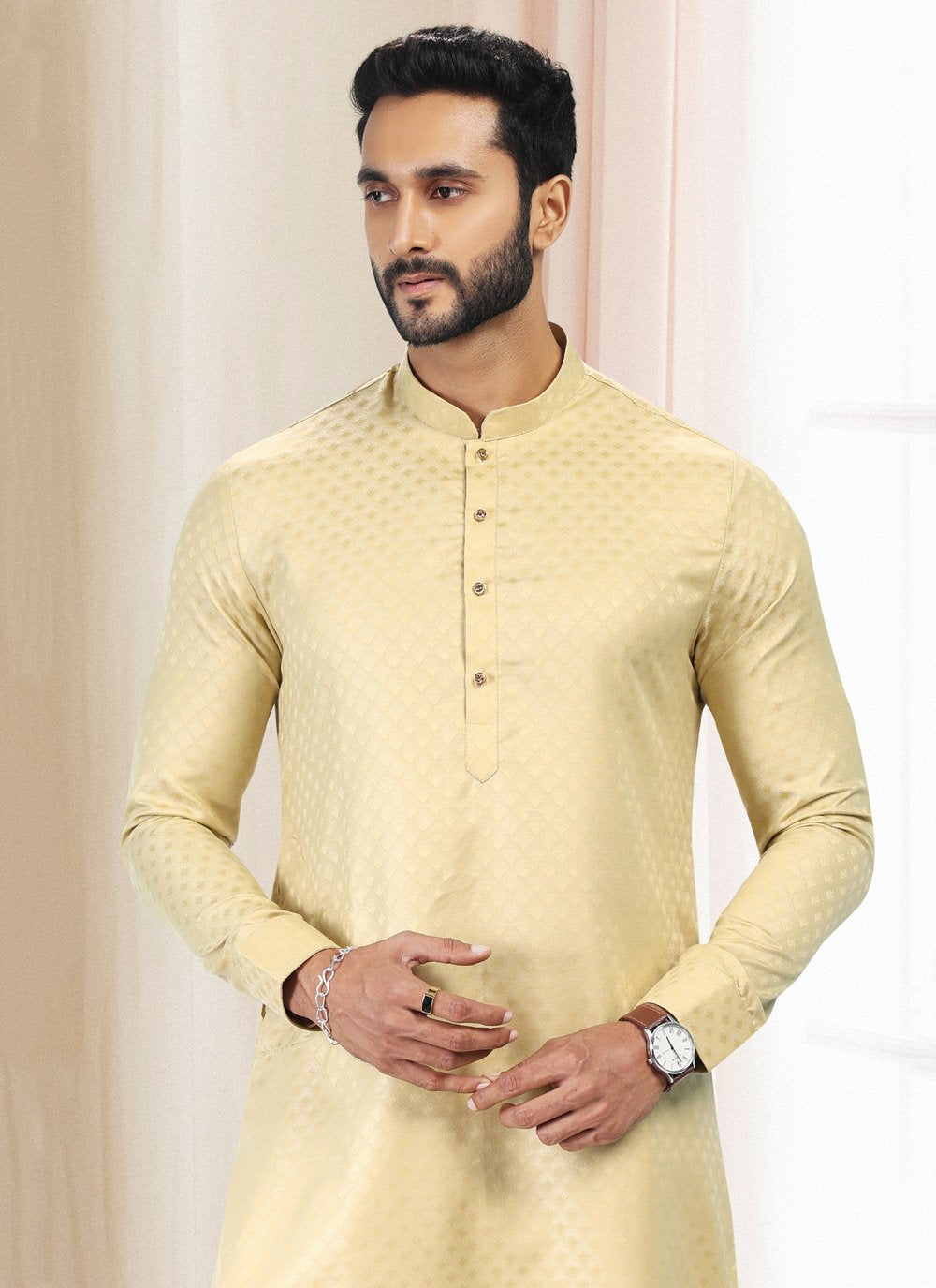 Kurta Pyjama Silk Cream Fancy Work Mens