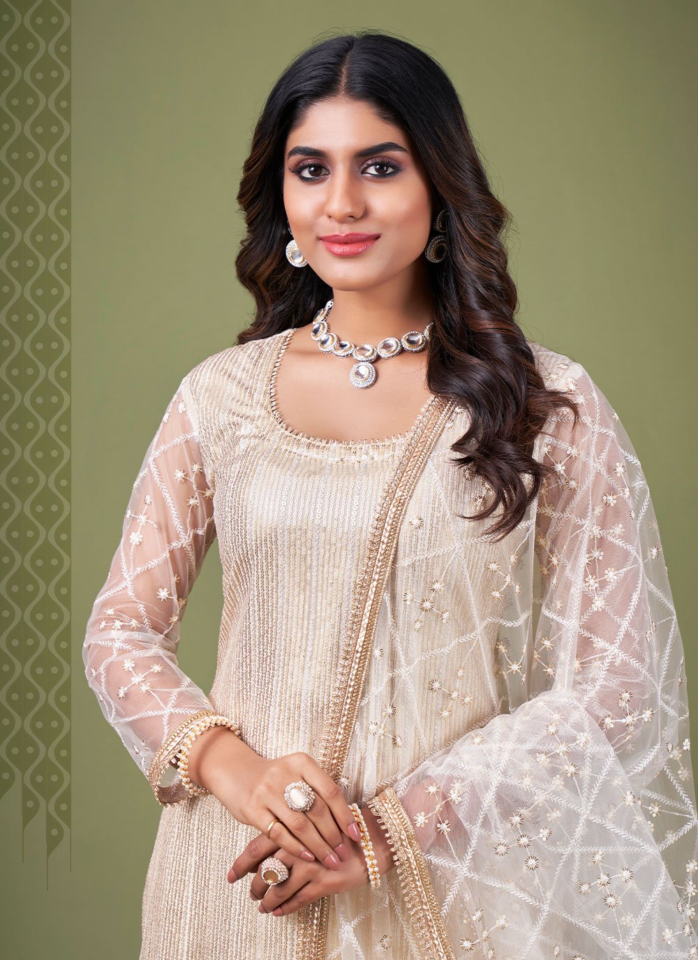 Salwar Suit Net Cream Embroidered Salwar Kameez