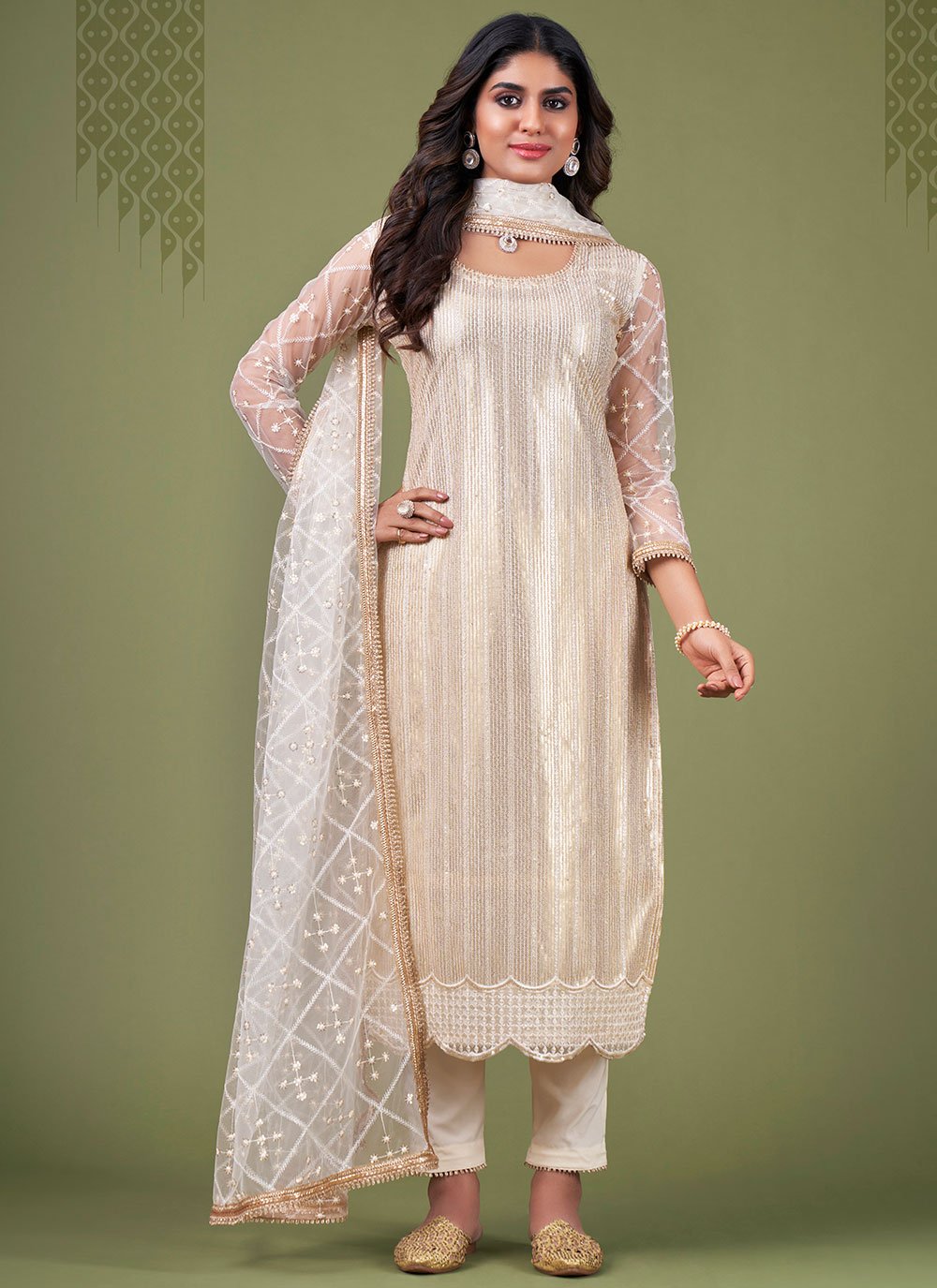 Salwar Suit Net Cream Embroidered Salwar Kameez