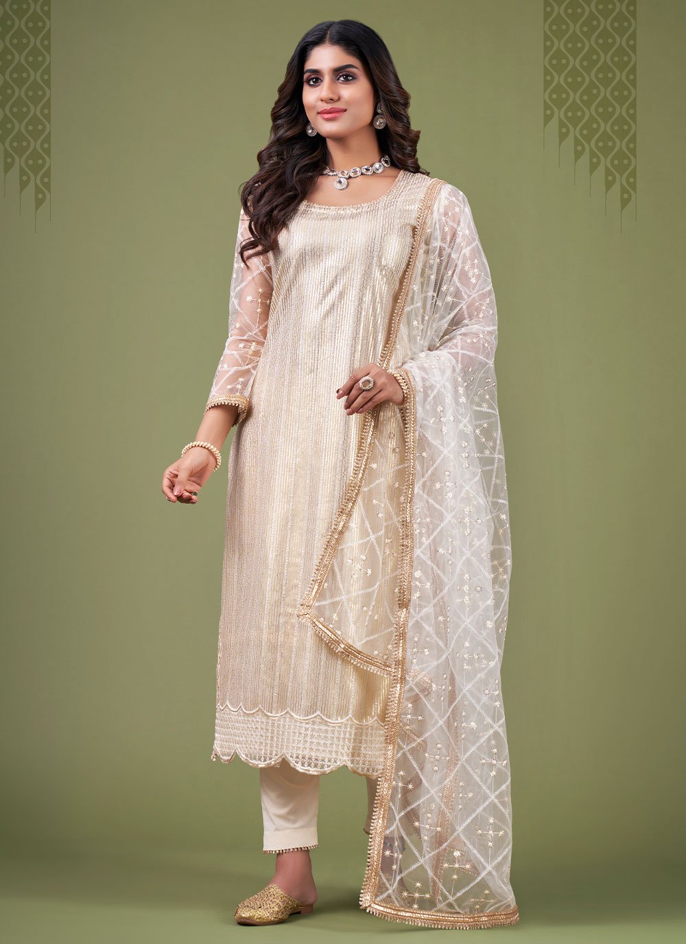 Salwar Suit Net Cream Embroidered Salwar Kameez