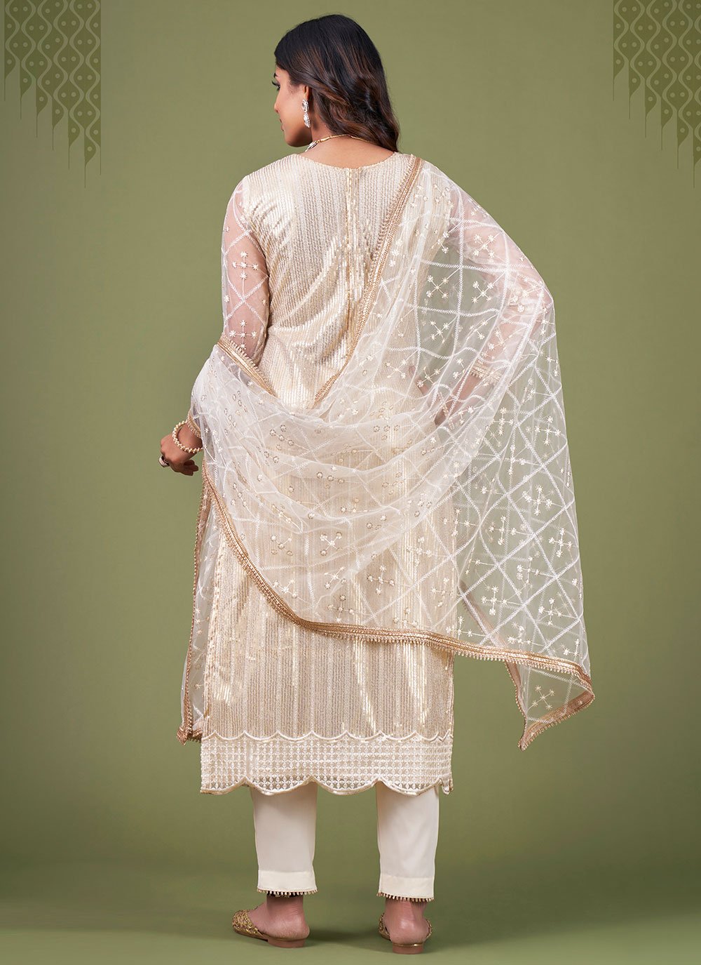 Salwar Suit Net Cream Embroidered Salwar Kameez