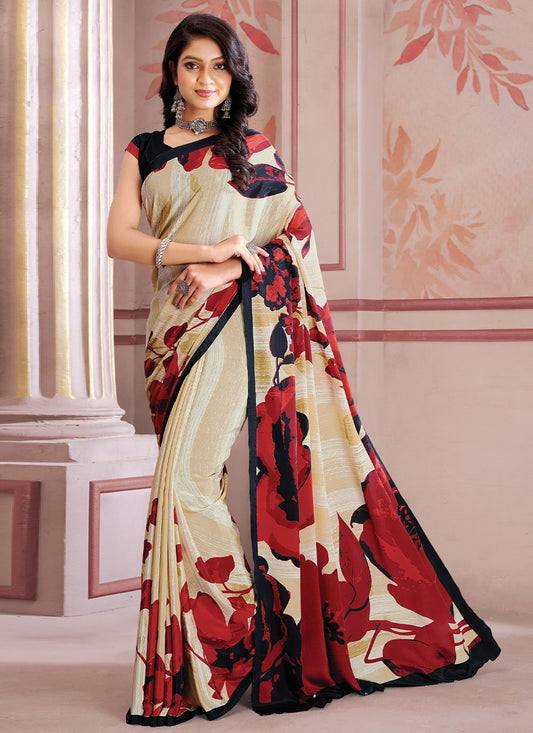 Classic Faux Crepe Cream Print Saree