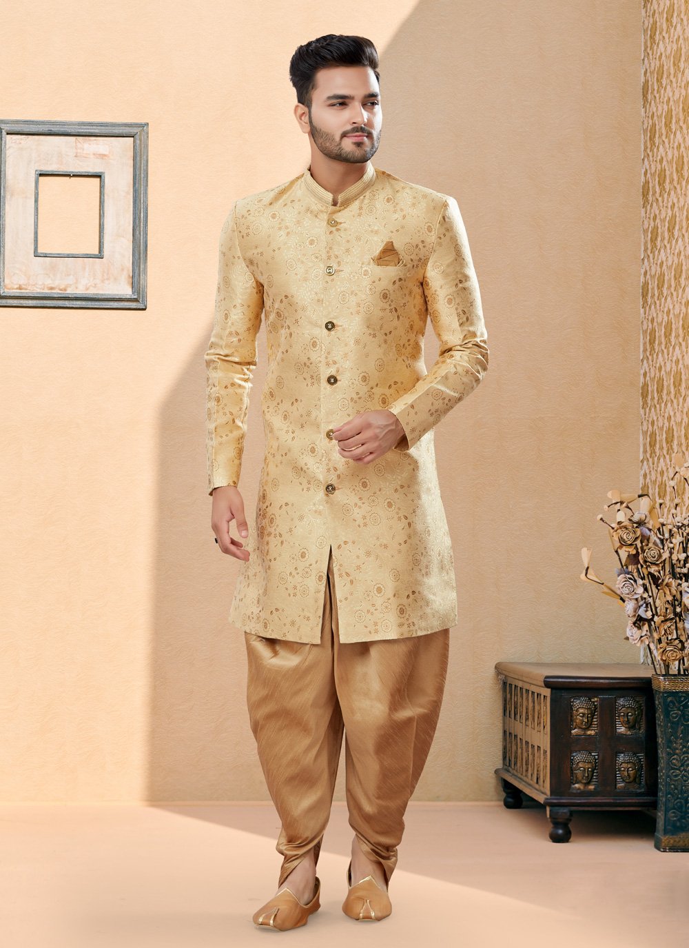 Indo Western Sherwani Banarasi Jacquard Cream Thread Mens