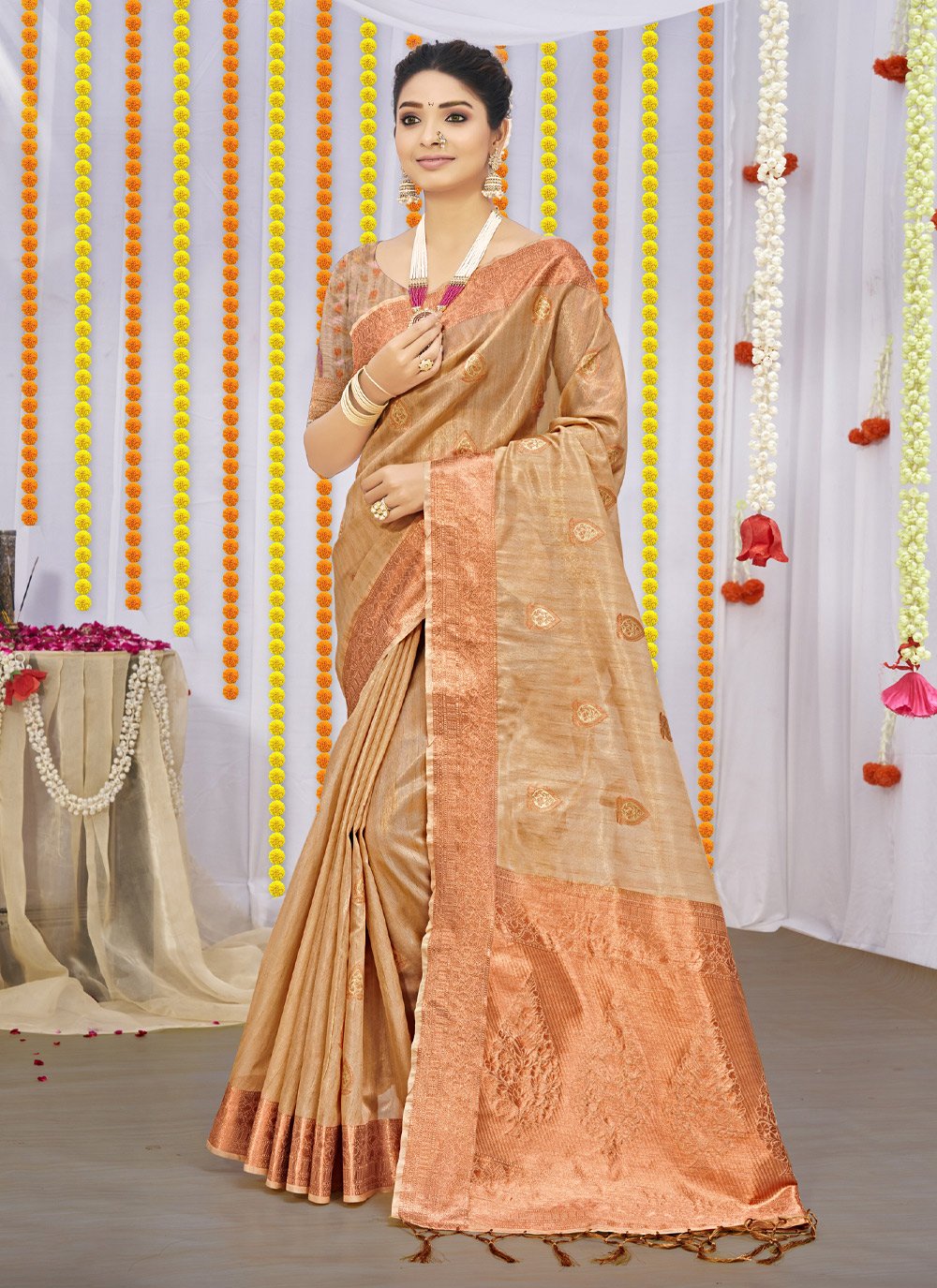 Designer Organza Cream Fancy Work Saree