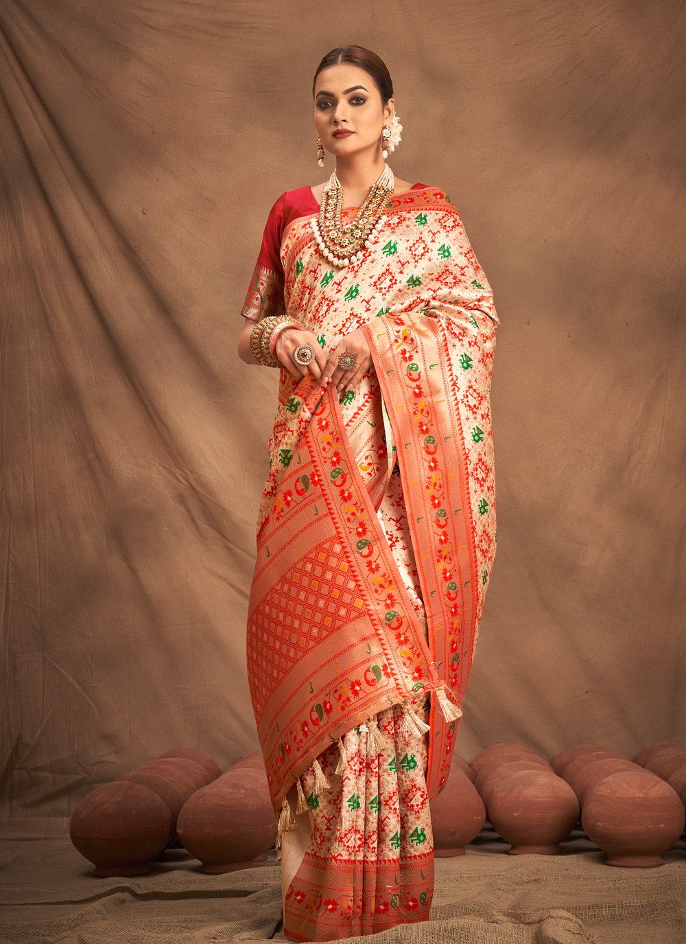 Designer Silk Cream Weaving Saree