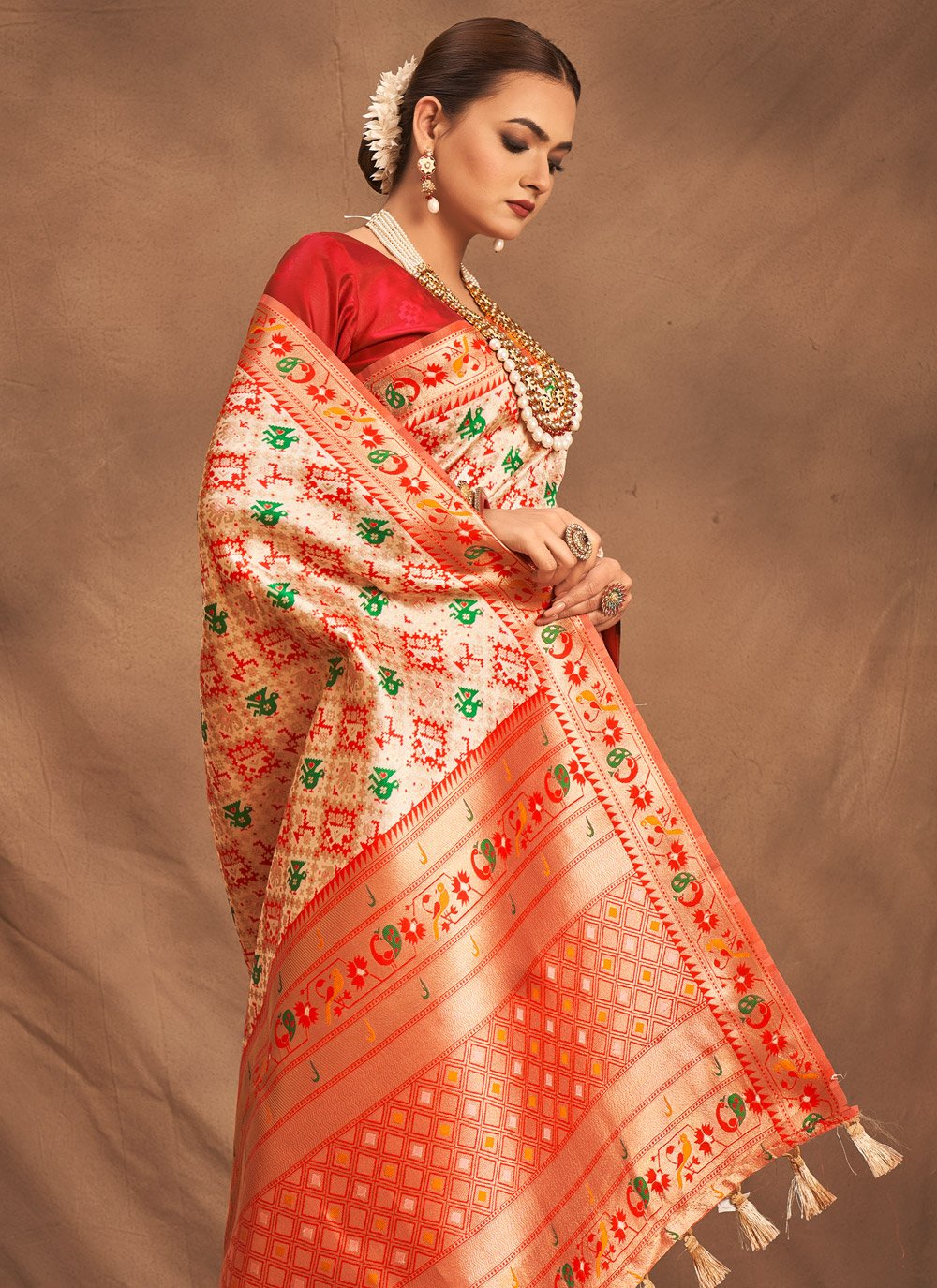 Designer Silk Cream Weaving Saree