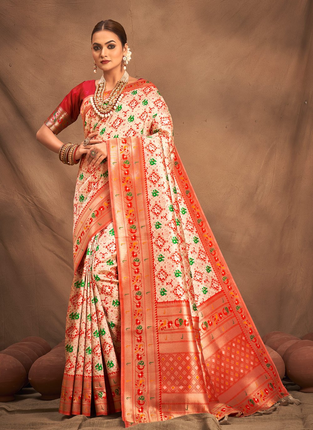 Designer Silk Cream Weaving Saree