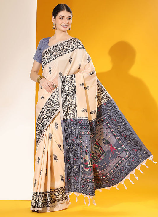 Classic Handloom Silk Cream Woven Saree