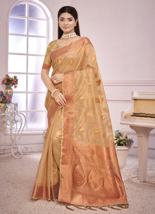 Designer Organza Cream Thread Saree