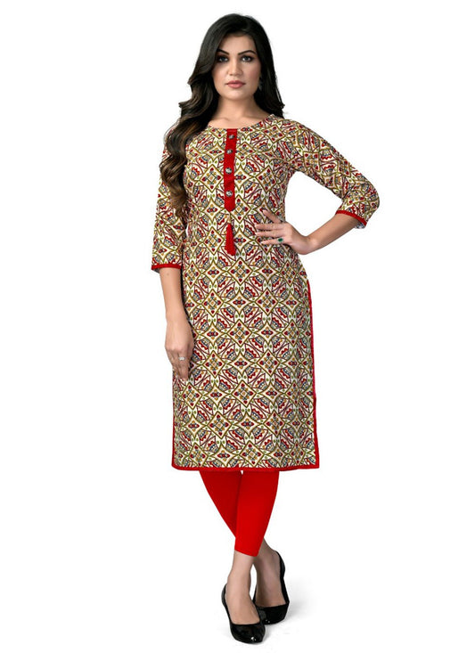 Designer Kurti Rayon Cream Foil Print Kurtis