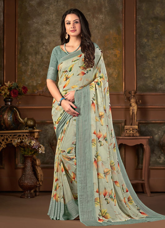 Designer Georgette Cream Print Saree