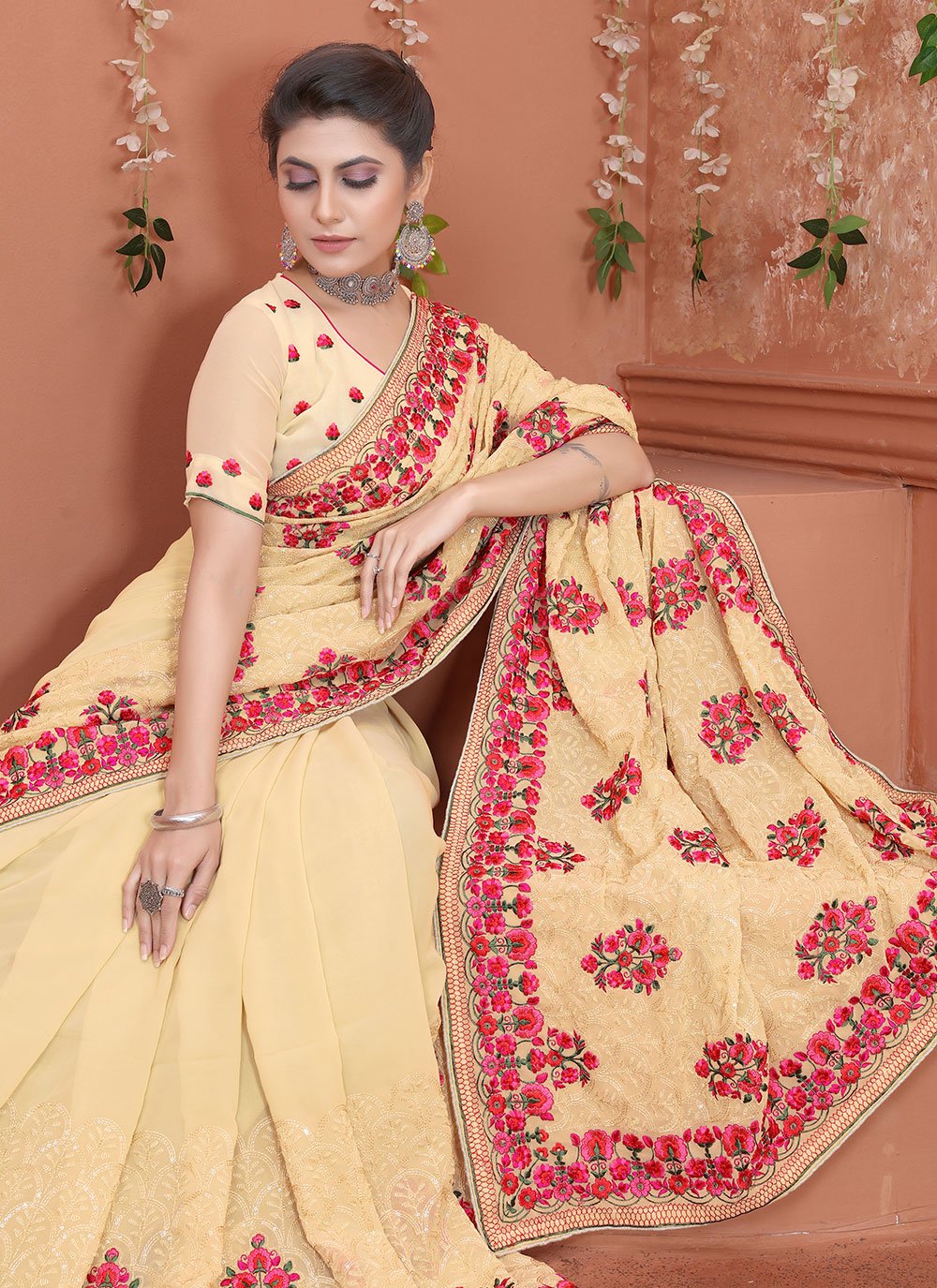 Trendy Saree Georgette Cream Embroidered Saree