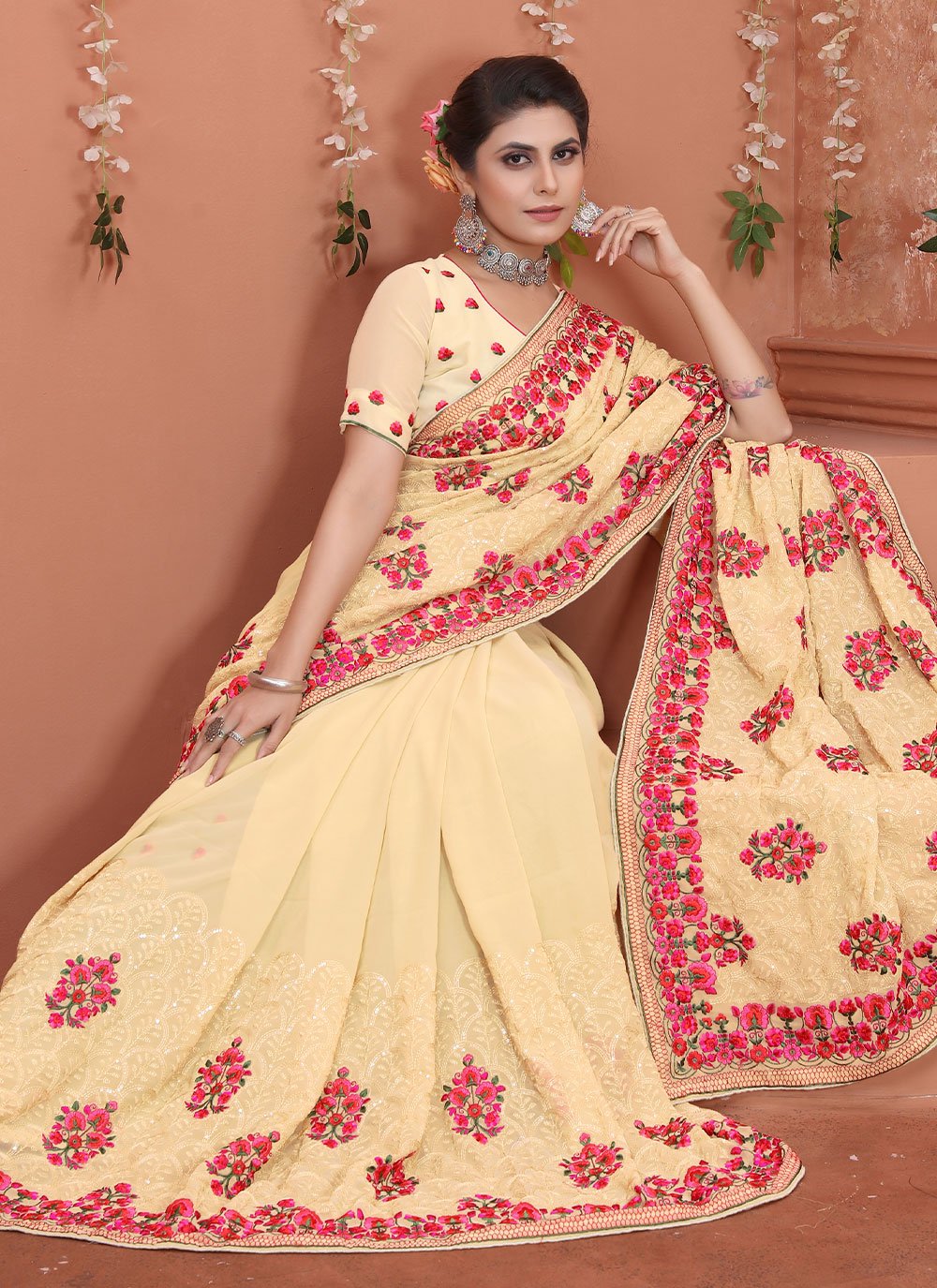 Trendy Saree Georgette Cream Embroidered Saree