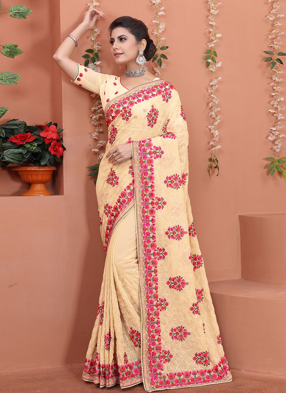 Trendy Saree Georgette Cream Embroidered Saree