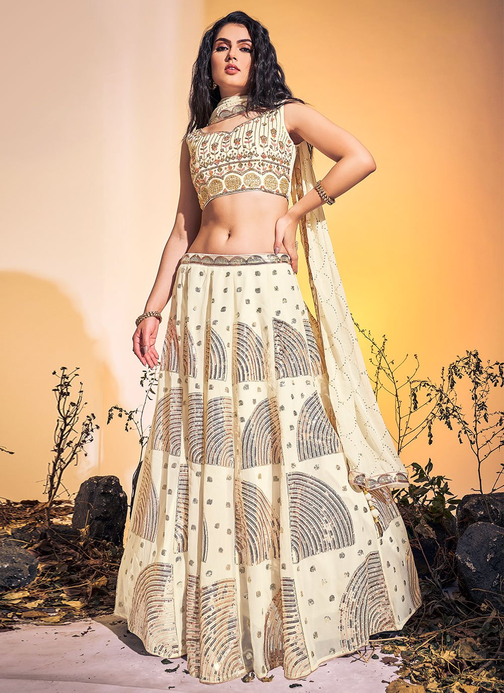 A Line Lehenga Georgette Cream Hand Work Lehenga Choli