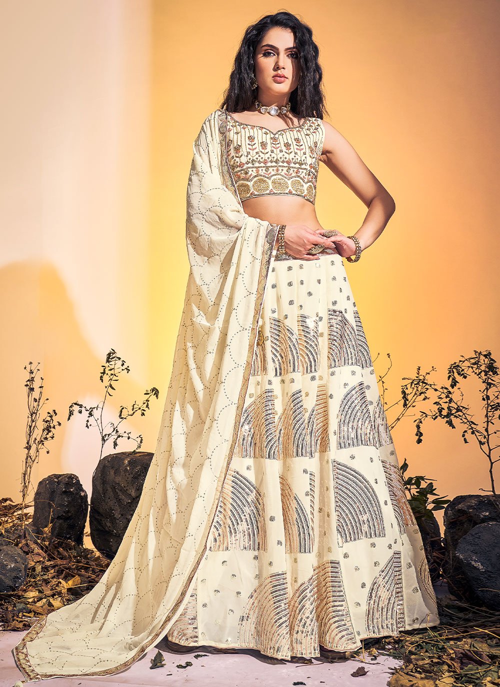 A Line Lehenga Georgette Cream Hand Work Lehenga Choli