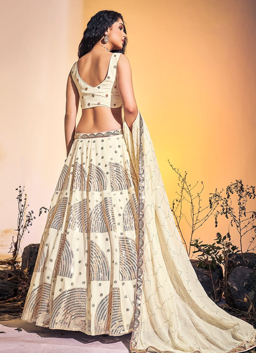 A Line Lehenga Georgette Cream Hand Work Lehenga Choli