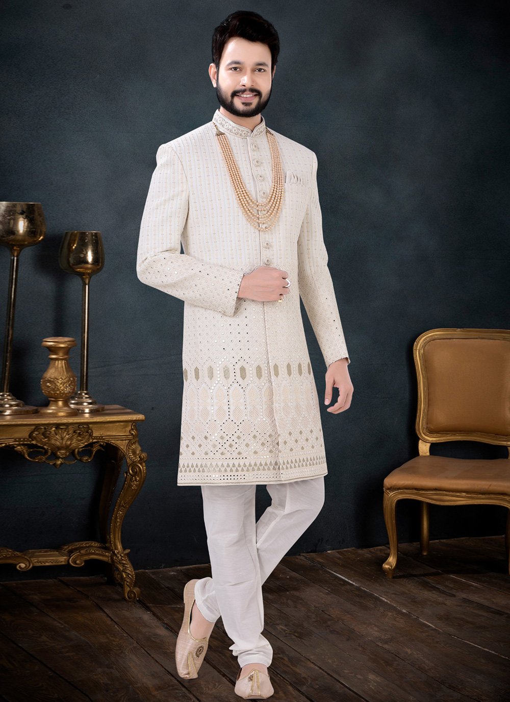 Indo Western Sherwani Georgette Cream Embroidered Mens