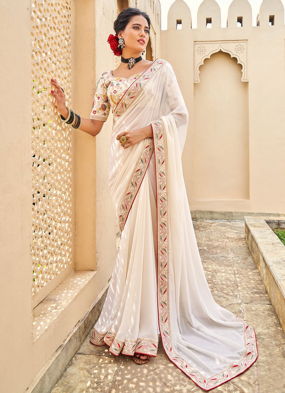 Trendy Saree Georgette Cream Embroidered Saree