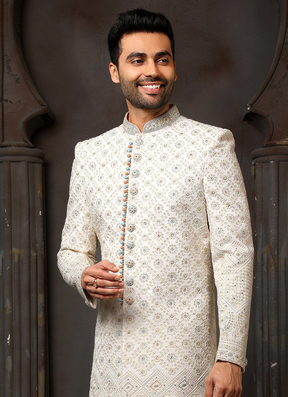 Sherwani Georgette Cream Machine Embroidery Mens