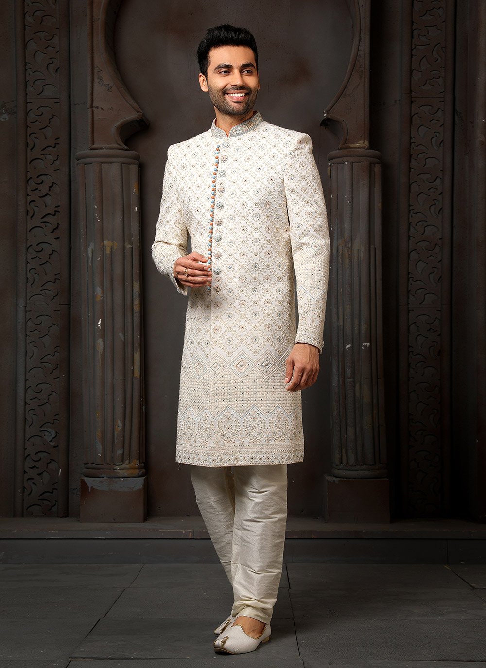 Sherwani Georgette Cream Machine Embroidery Mens