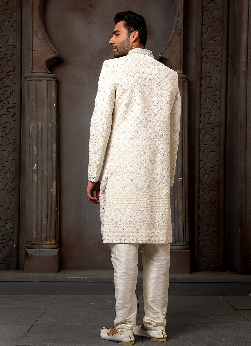 Sherwani Georgette Cream Machine Embroidery Mens