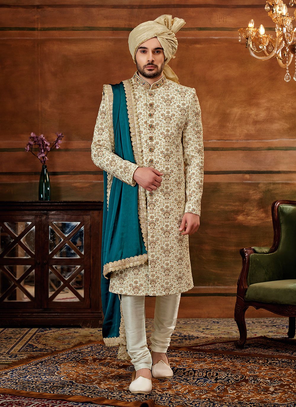 Sherwani Art Silk Cream Hand Work Mens