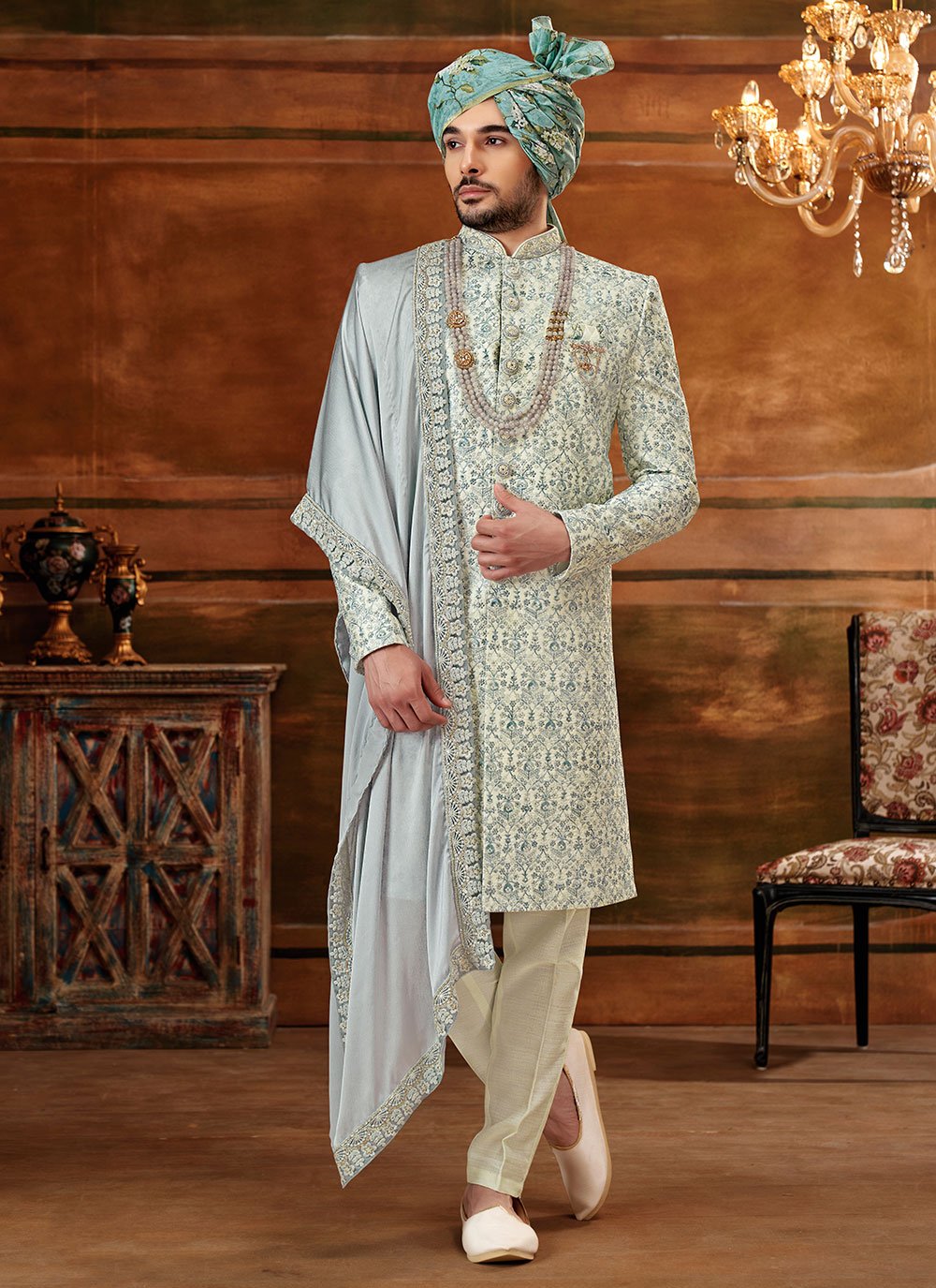 Sherwani Art Silk Cream Hand Work Mens