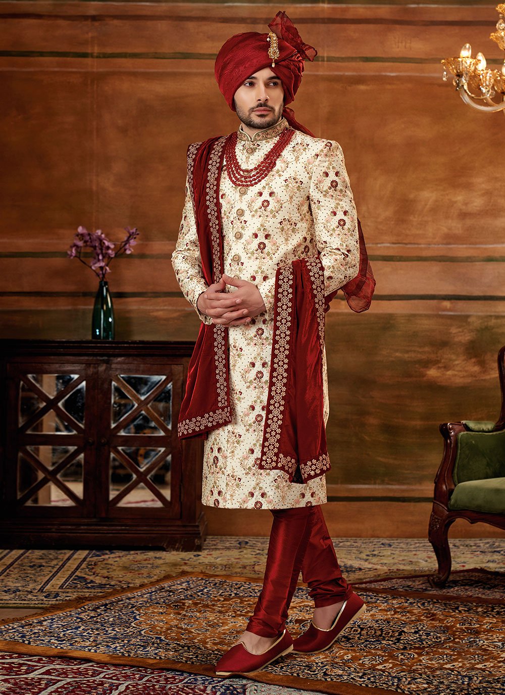 Sherwani Art Silk Cream Hand Work Mens