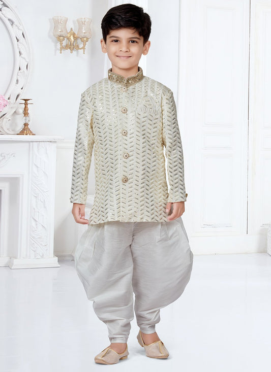 Indo Western Sherwani Banarasi Silk Cream Machine Embroidery Kids