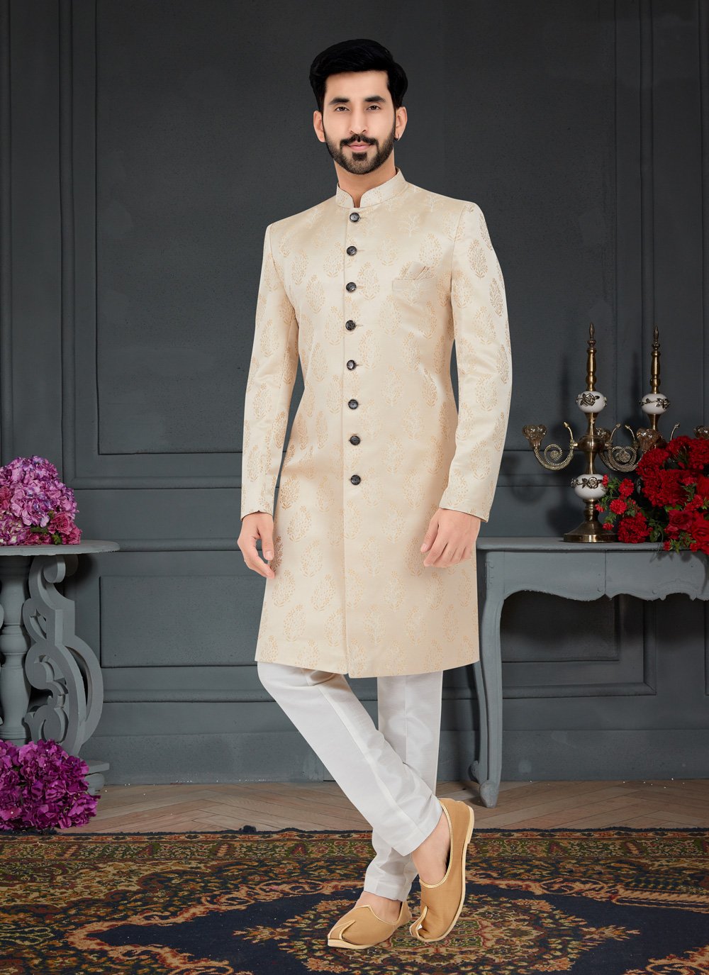 Indo Western Jacquard Cream Weaving Mens